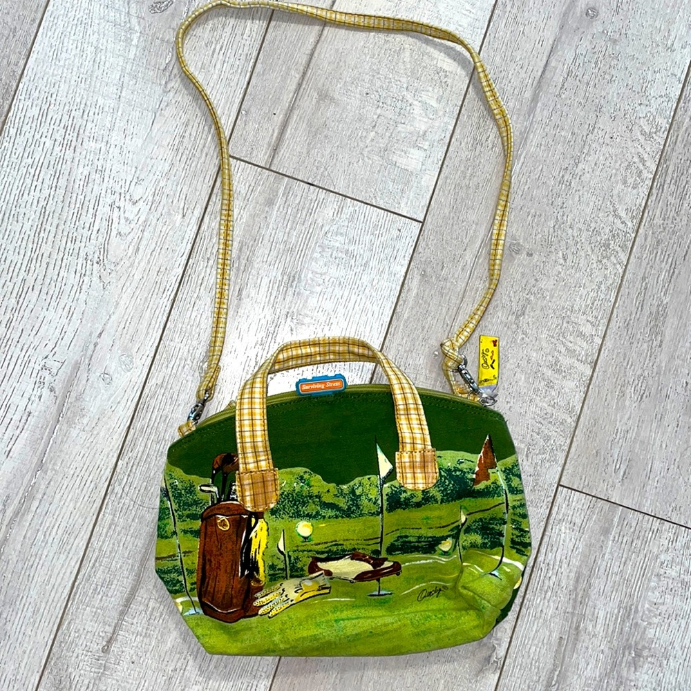 Anne ormsby gold crossbody bag womens green brown canvas zip top 13” x10”
